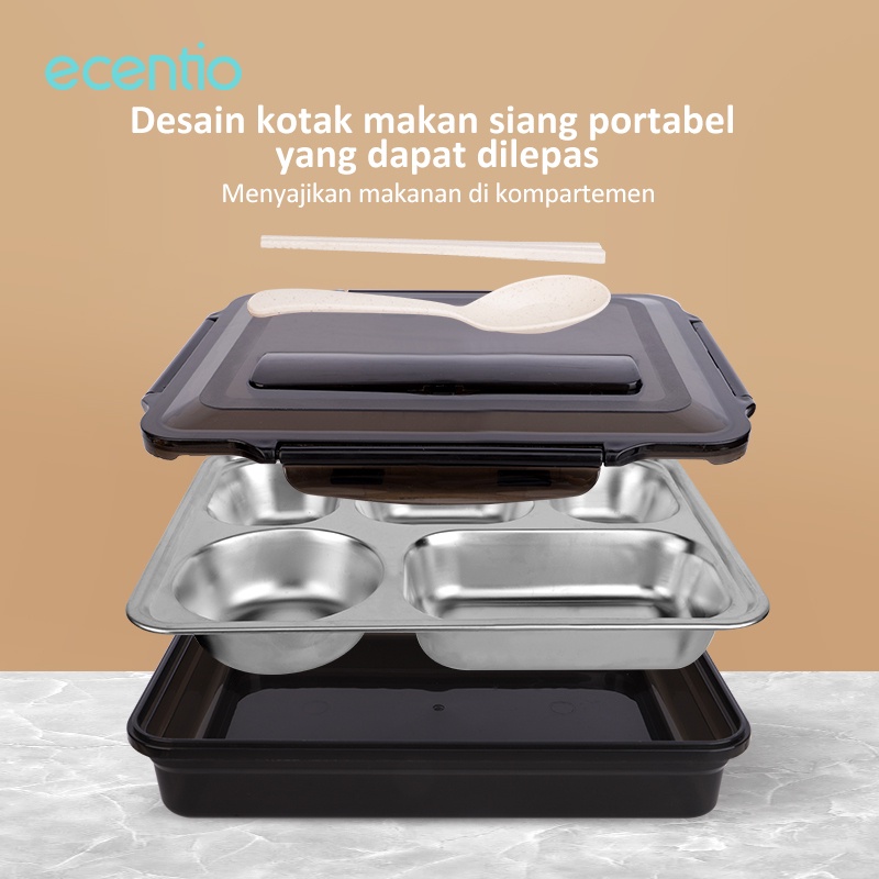 ecentio kotak makan stainless steel 5 grid dengan sendok sumpit gratis berbahan anti tumpah lunch box kotak bento