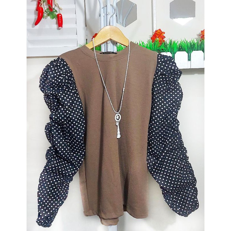 Atasan lengan balon polkadot ld 100-120 / lengan balon rajut polkadot