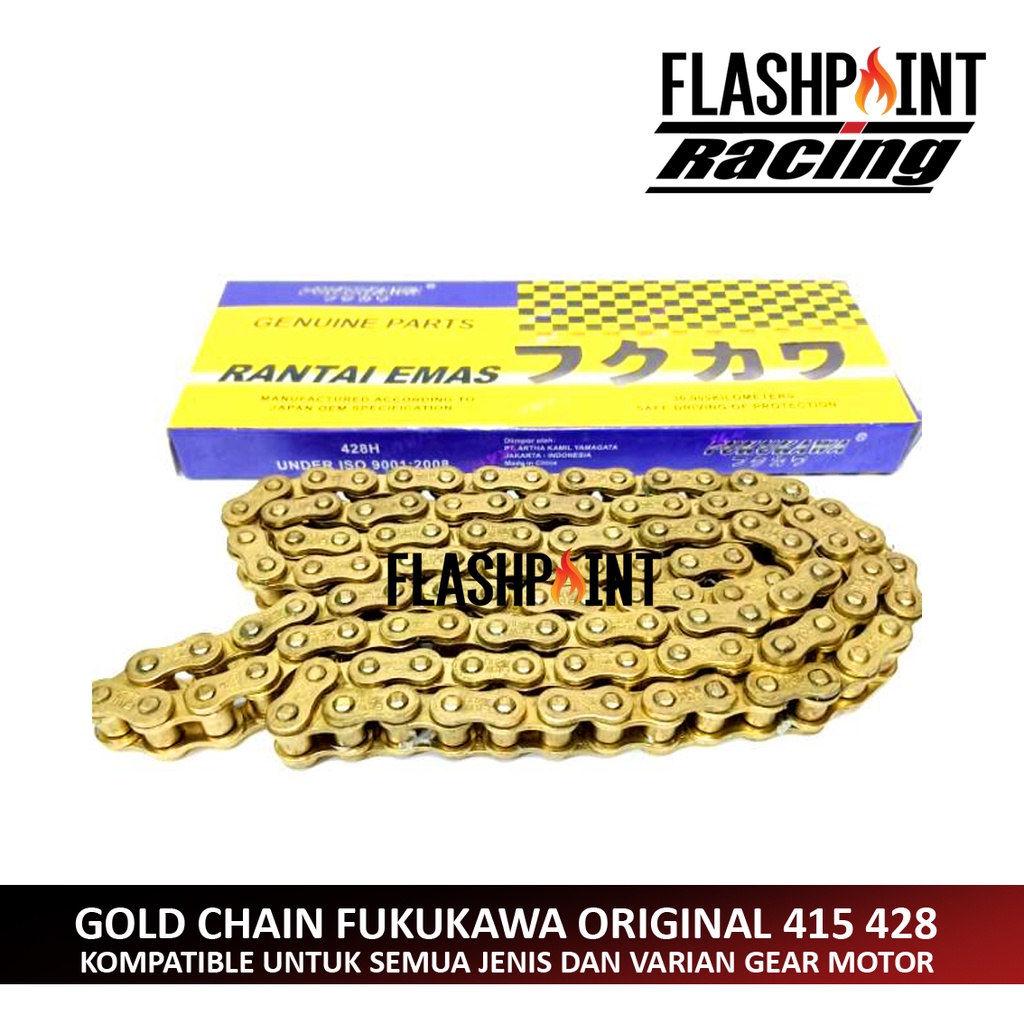 (BISA COD) RANTAI MOTOR EMAS RAS GOLD CHAIN ORIGINAL FUKUKAWA JAPAN 428 H 428H PANJANG 106 112 120 128 130 136 140 RANTE TDR SSS BYSON RX KING MX GRAND SUPRA 125 X VIXION NVL SSS TK F1ZR SS R15 KLX FU 150 SATRIA FORCE 1 FIZR R TIGER GL REVO MX VEGA Z ZR
