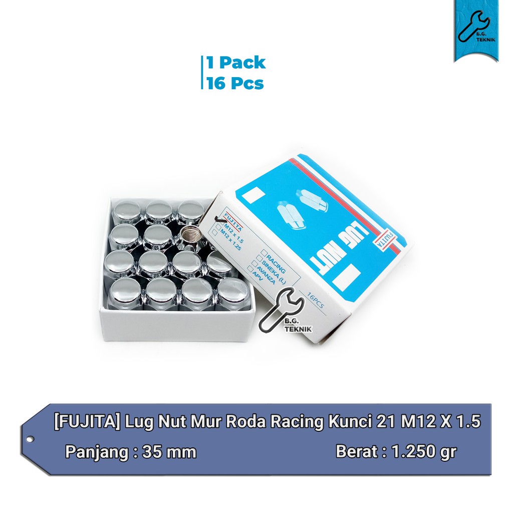 Mur Roda Fujita Racing Lug Nut M12x1.5/1.25 Kunci 21 (isi 16pc)