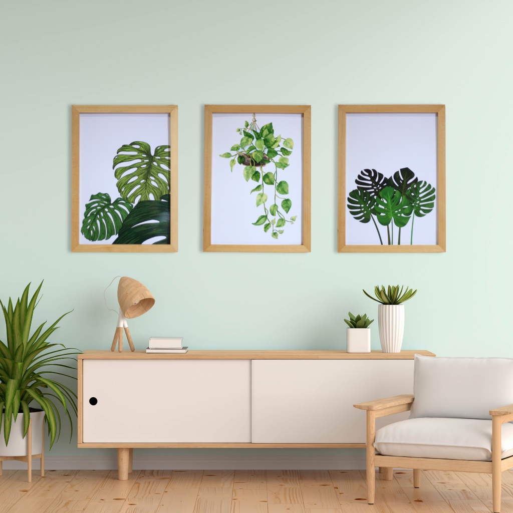 pajangan dinding pigura poster daun monstera frame kayu hiasan minimalis rumah bingkai foto ukuran 1