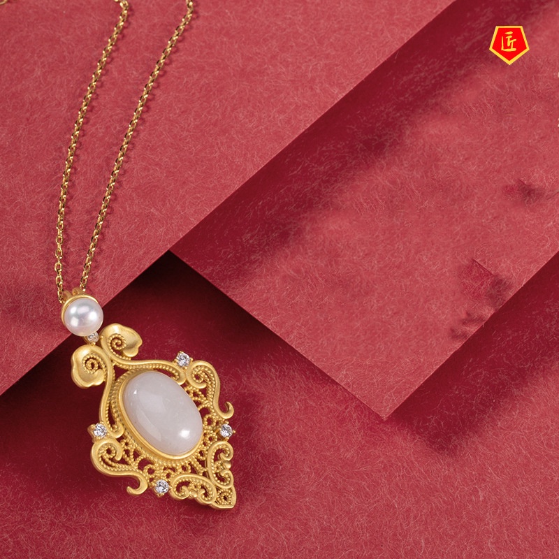 [Ready Stock]White Jade Pearl Upscale Personality Hollow Necklace Pendant for Women