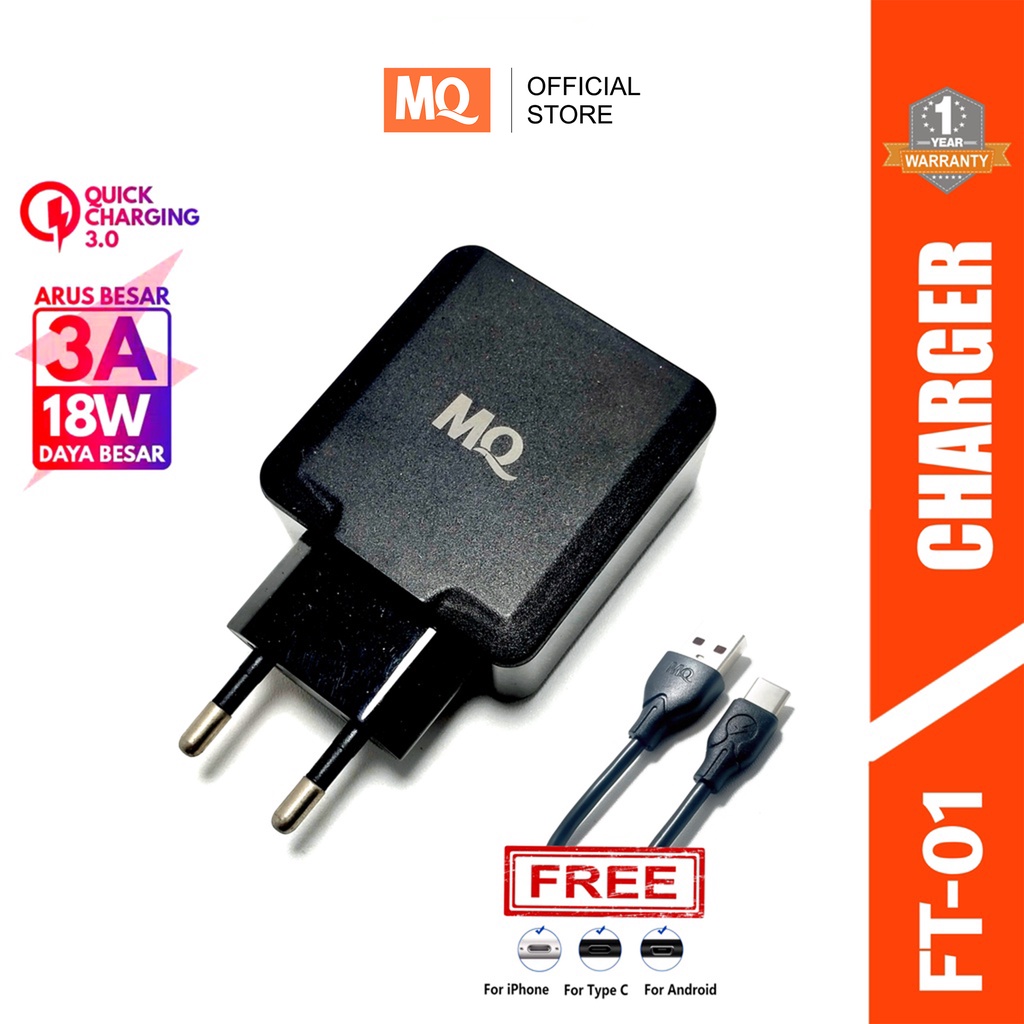 MQ Charger Qualcomm 3A 18W QC 3.0 with Cable Quick Charger Original MQ FT-01 - Garansi 1 tahun