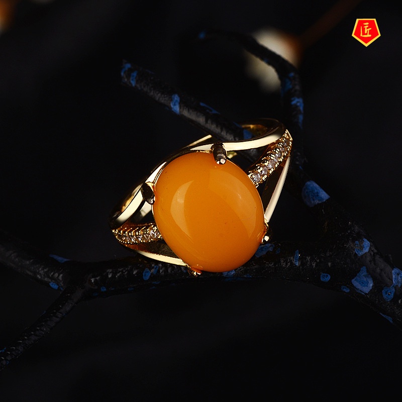 [Ready Stock]Fashion New 925 Silver Amber Ring Canary Stone Temperament Elegant Simple