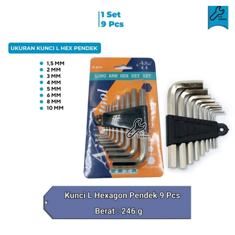 KUNCI L SET PENDEK 9PCS ( 1,5MM - 10MM)