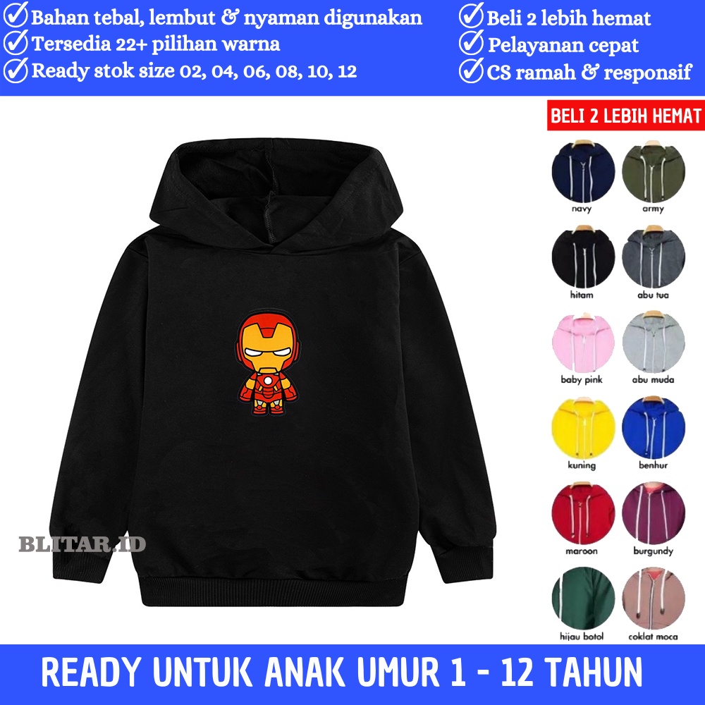 Jaket Anak Laki Laki Perempuan Cowok Cewek Karakter Iron Man Cute Warna Hitam Biru Benhur Merah Leng