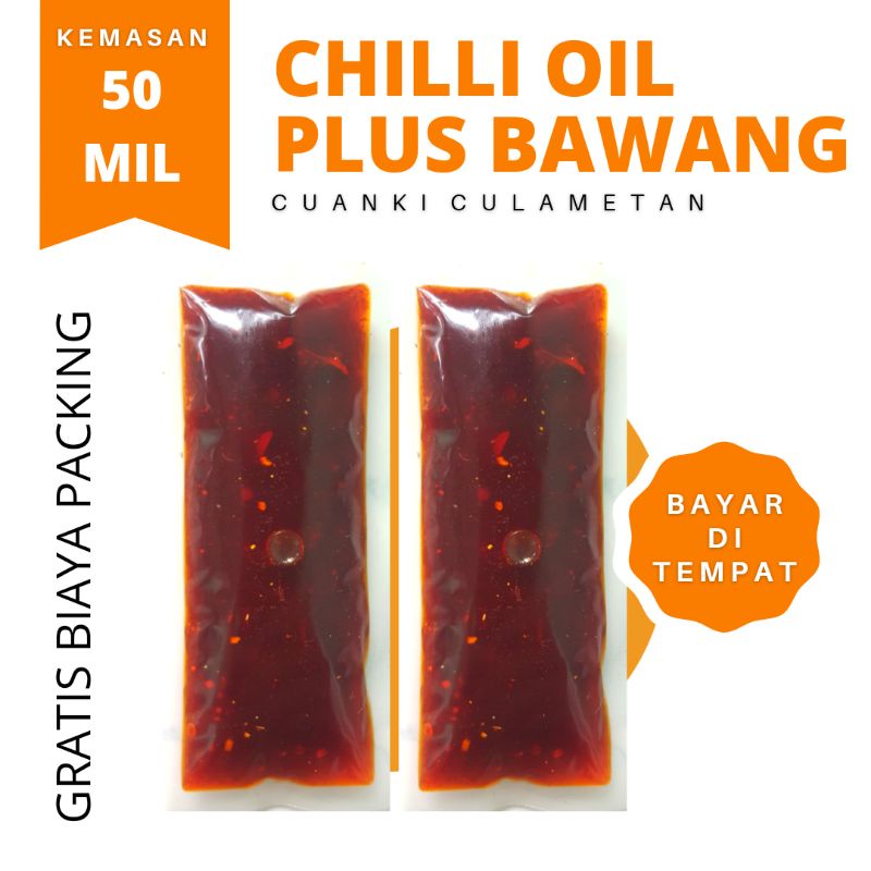 

Chilli Oil atau Minyak Cabe eksta bawang 50 mil kemasan sachet bumbu atau sambal dimsum