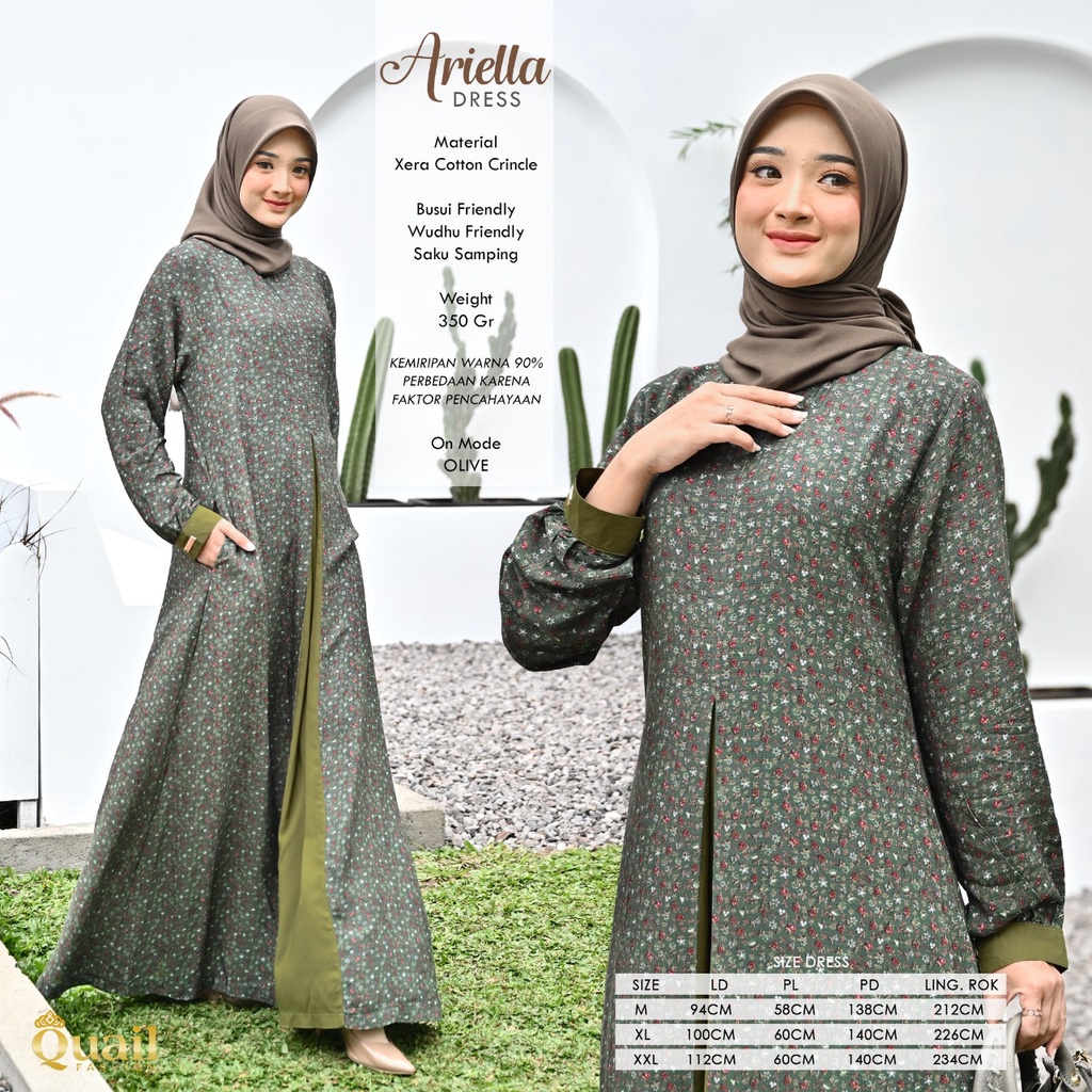 Gamis ARIELLA Quail Hijab Dress Motif Cotton Crinkle Premium Terbaru COD Distributor Resmi