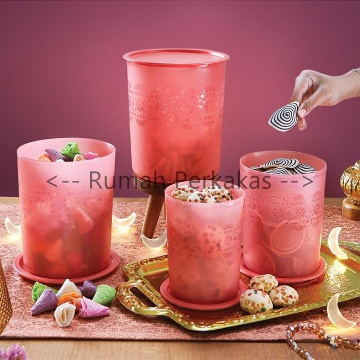 (TAPERWER ORIGINAL 100%) Tupperware Mosaic Canister Set Peach free box 4pcs TERMURAH