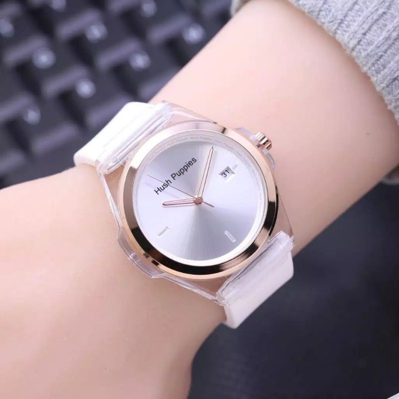 (Grosir)Jam Tangan Wanita HushPuppies Bulat Detik Variasi Tanggal Aktif Strap Rubber(Terima Cod)