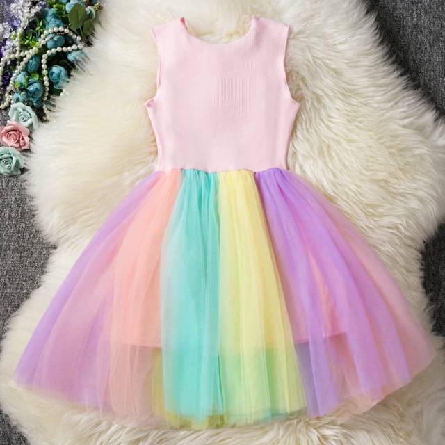 81100 DRESS UNICORN SEQUIN / DRESS TUTU RAINBOW / GAUN TUTU ANAK IMPORT KOREA LUCU HALUS BLING