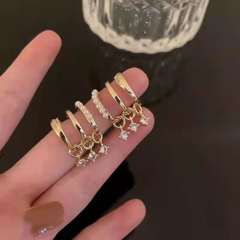 Anting Stud Zircon Mutiara Berlian Imitasi Multilayer Gaya Korea Untuk Wanita