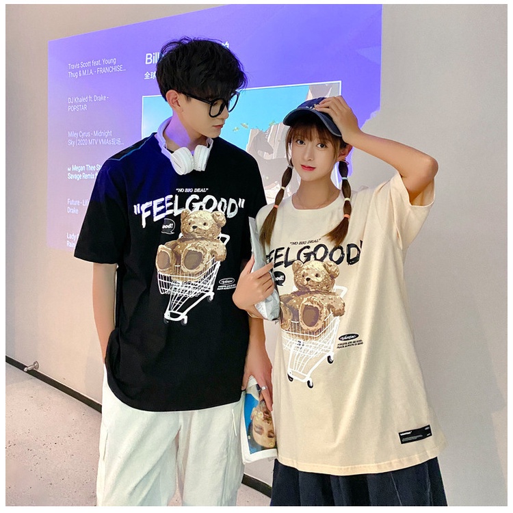 [littlecrab] Kaos Oversize Teddy Bear Trolley Kaos Couple T-Shirt Hitam Cream Kaos Feel Good Korean Style