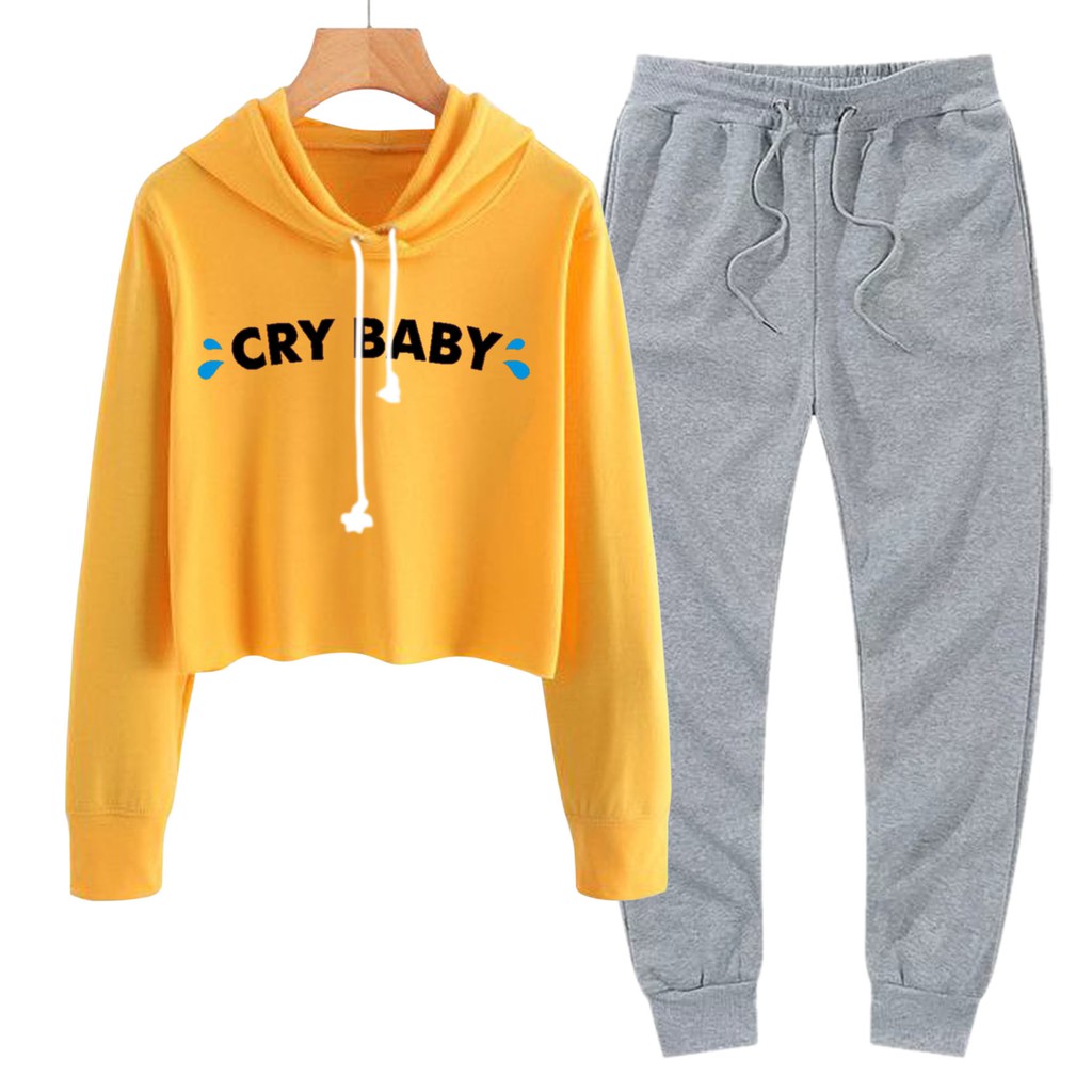 BESS - Baju Setelan Wanita Murah / Setelan Hoodie Crop + Jogger Abu - CRY BABY