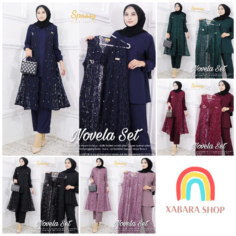 XBR | Novela Set / Setelah Tunik Outer Celana / Bahan Syakila mix Brokat / LD 110cm by SPASSY