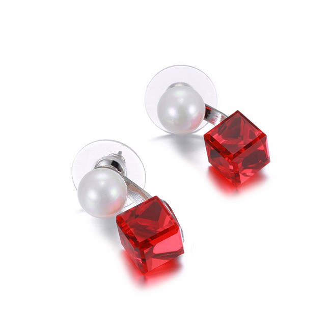 LRC Anting Tusuk Fashion Red Geometric Pearl Color Crystal Earrings D19408
