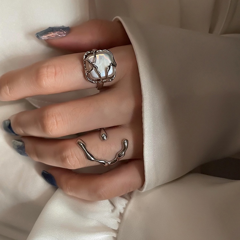 Set Cincin Model Terbuka Desain Geometris Aksen Mutiara Warna Silver Untuk Wanita