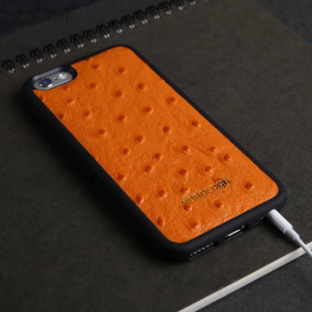 Horologii premium germany cow leather casing for iphone 8 plus orange ostrich pattern