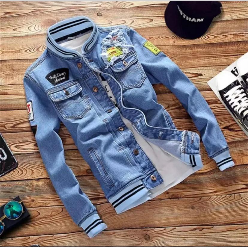 Jaket Pria Bomber Jeans Merah Olahraga Terbaru Tipis P8D2 Fleece Hangat Loreng Terlaris Anime Gaul R
