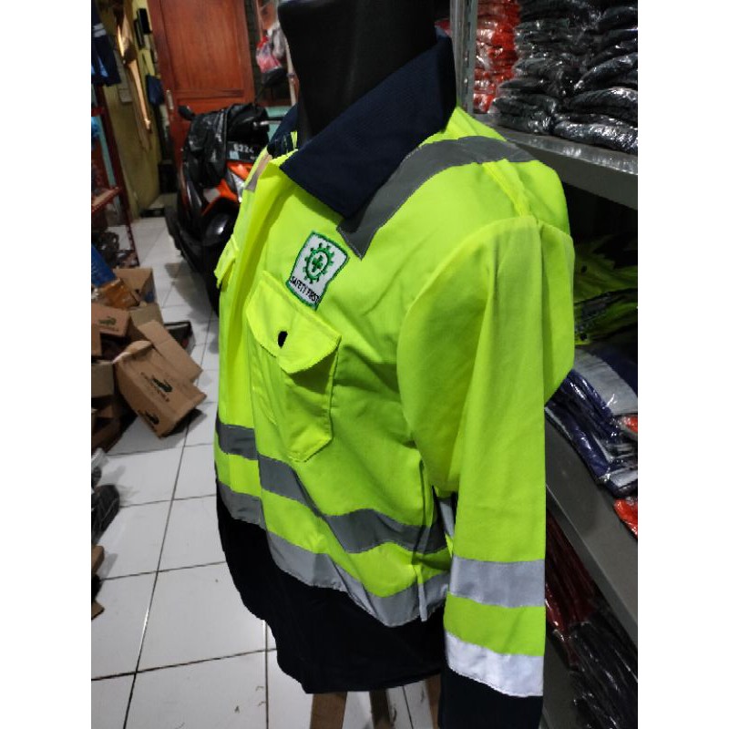 RESLETING BAJU SAFETY WEARPACK SERAGAM KERJA TAMBANG HIJAU STABILO DONGKER NAVY BERLOGO K3 BENDERA