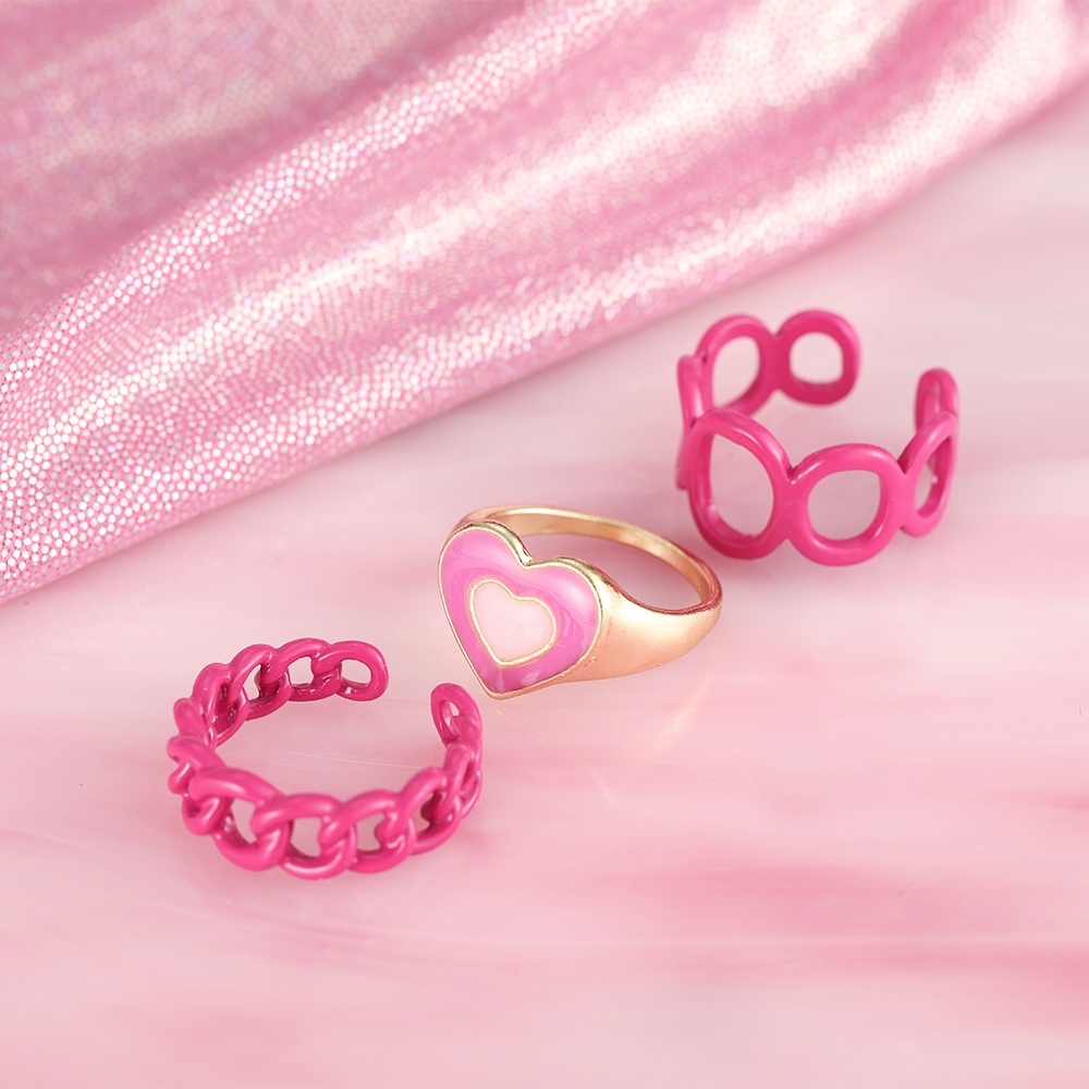 3pcs/set Pink Heart Geometry Rings Set Adjustable Oil Dripping Ins Fashion Ring for Women Jewelry Accessories