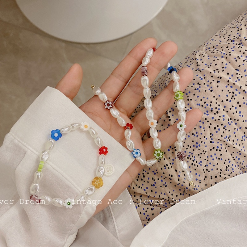 Korea Retro Geometric Flower Bracelet Necklace Pearl Color Flower Necklace