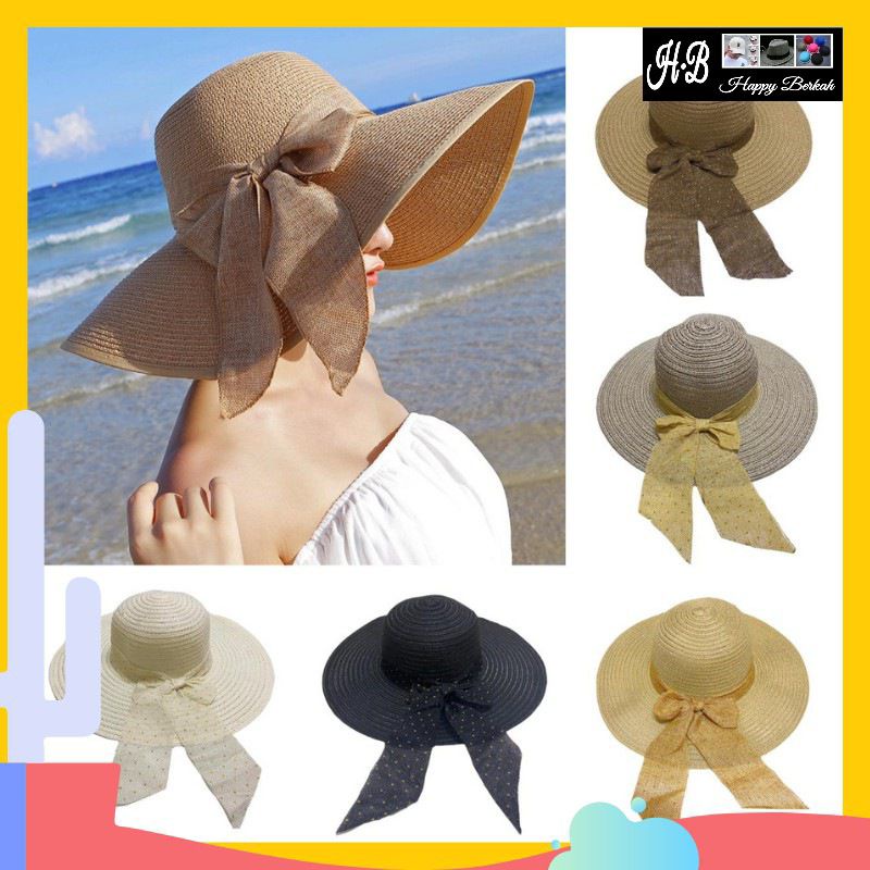 MAY STAR Topi Pantai Rajut Pita Bintik Emas T2