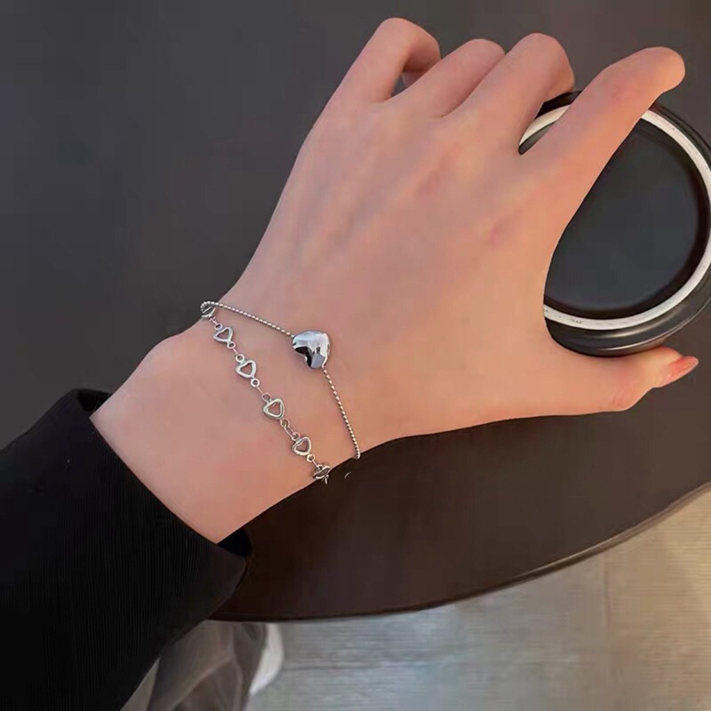 Ins Gelang Tangan Rantai Lapis Silver Aksen Hati Hollow Untuk Wanita