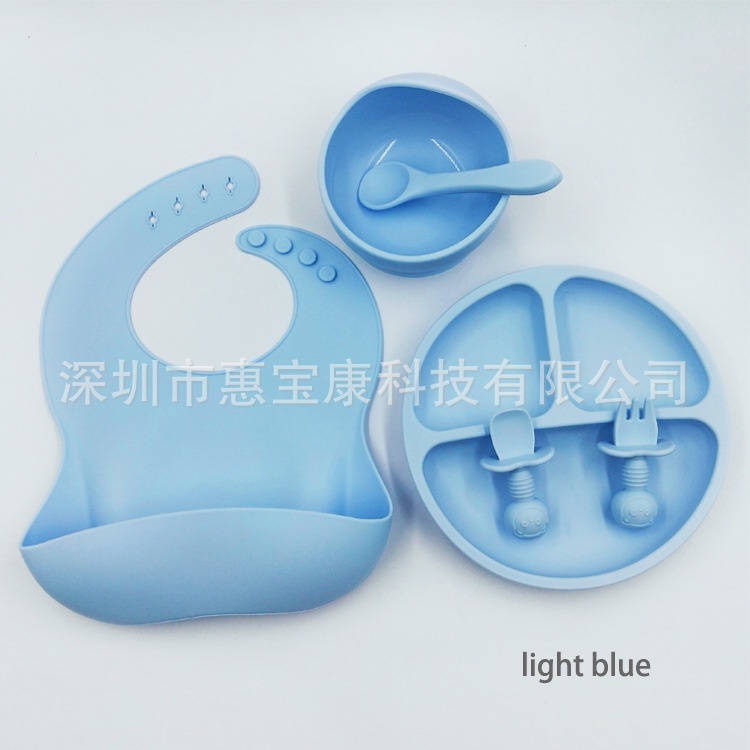 Set Alat Makan Bayi Silikon Peralatan Makan Bayi Silicon Bib Piring Sendok Mangkok Suction Set Food Grade Baby Feeding Mangkok Silikon Suction dengan Sendok Mpas Bayi