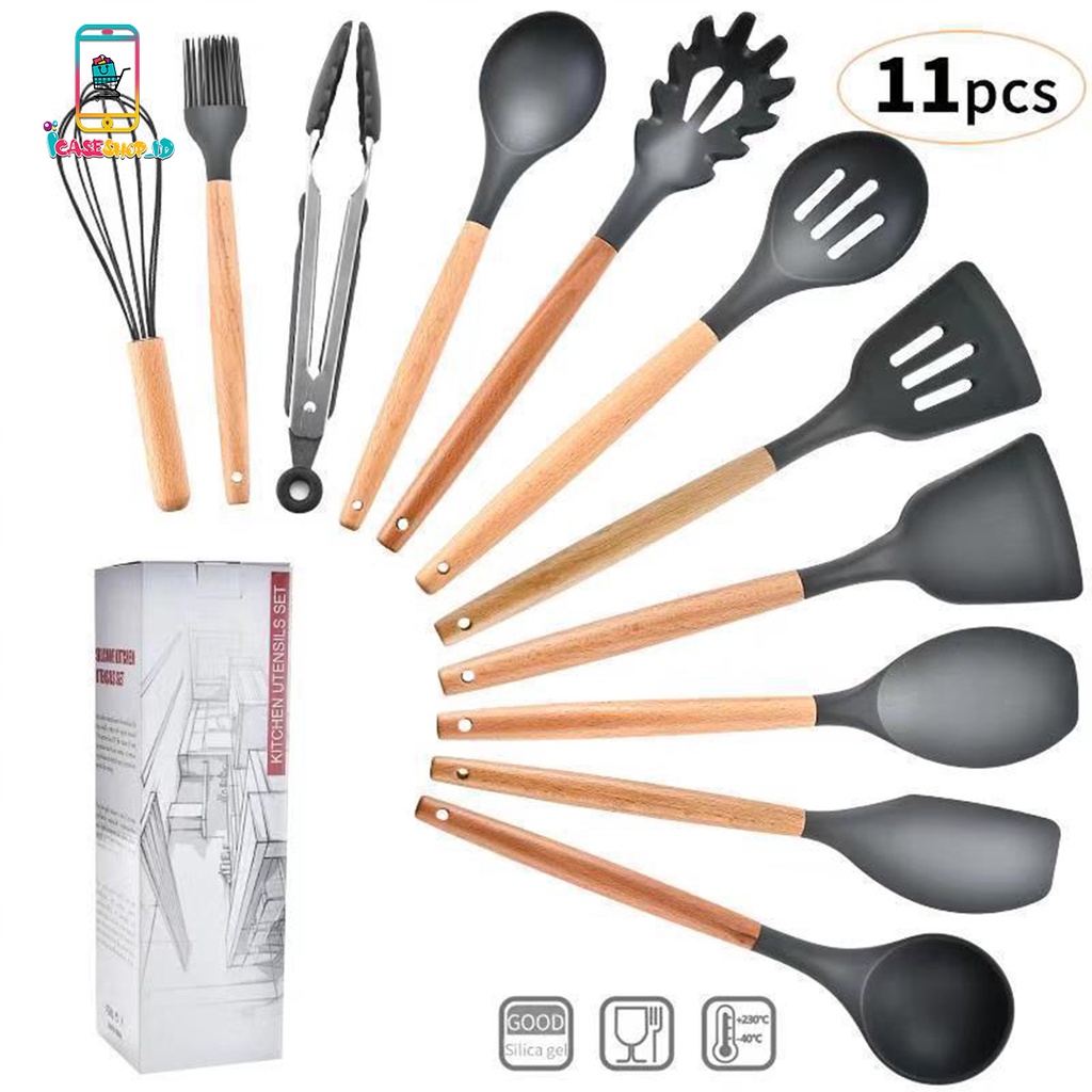 RT82 Kitchen Utensil Silicone wood 11pcs Set Peralatan Dapur Masak Baking Sutil Spatula Sendok Silik