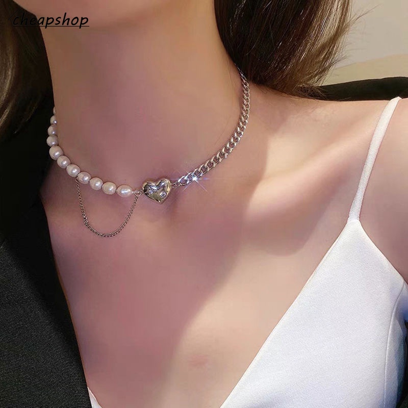 IFYOU Fashion Pearl Silver Necklace Crystal Heart Pendant Necklace Chain Choker Women Jewelry Accessories