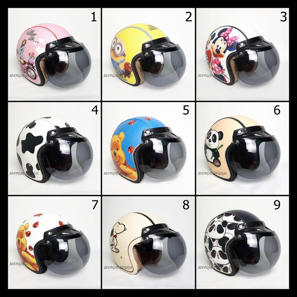 Helm Bogo Full Kulit Retro Klasik Motif Catch Me Minion Mickey Mouse Moo Sapi Pooh Panda Snoopy