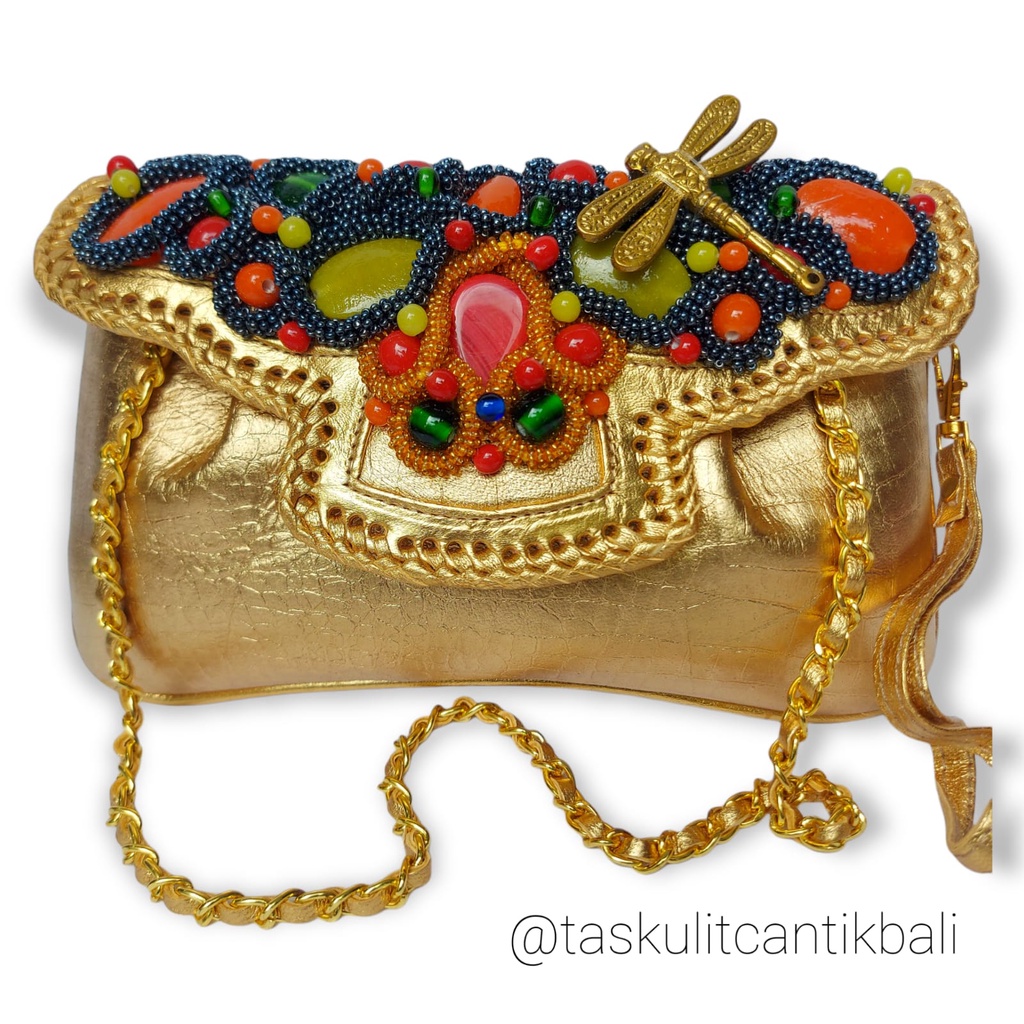 Clutch Pesta Raisa Size S Full Gold Color - Clutch Model Kipas Asli Tas Kulit Domba