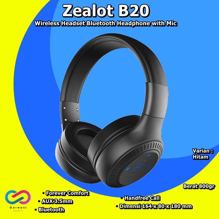 Headset Bluetooth Laptop Zealot B20 Wireless Headphone with Mic - Hitam