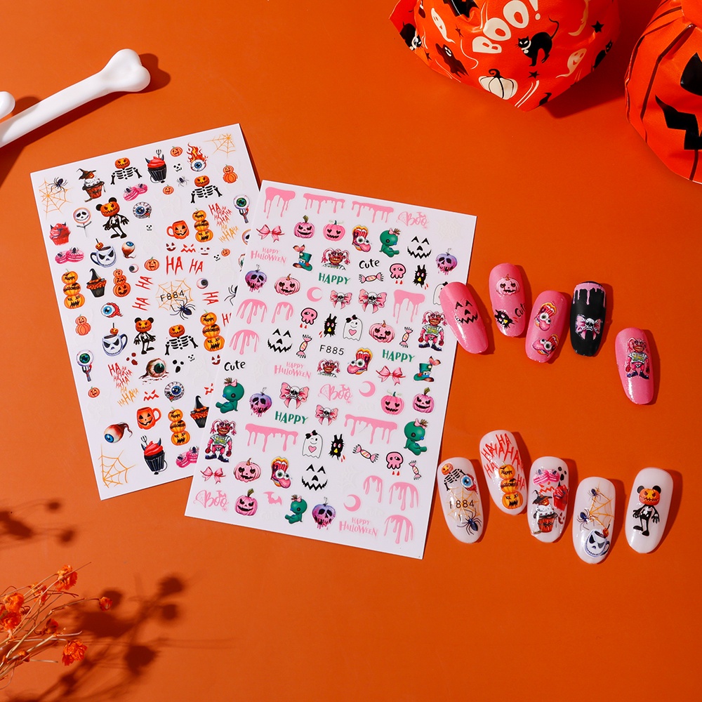 Stiker Kuku 3D Desain Kartun Tengkorak Labu Halloween Untuk Dekorasi Nail Art