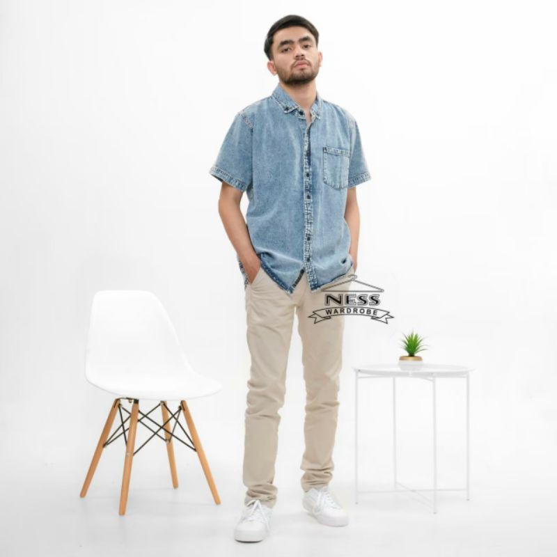 KEMEJA JEANS SANDWOSH/KEMEJA PRIA/KEMEJA JEANS PRIA NESS CLOTHING