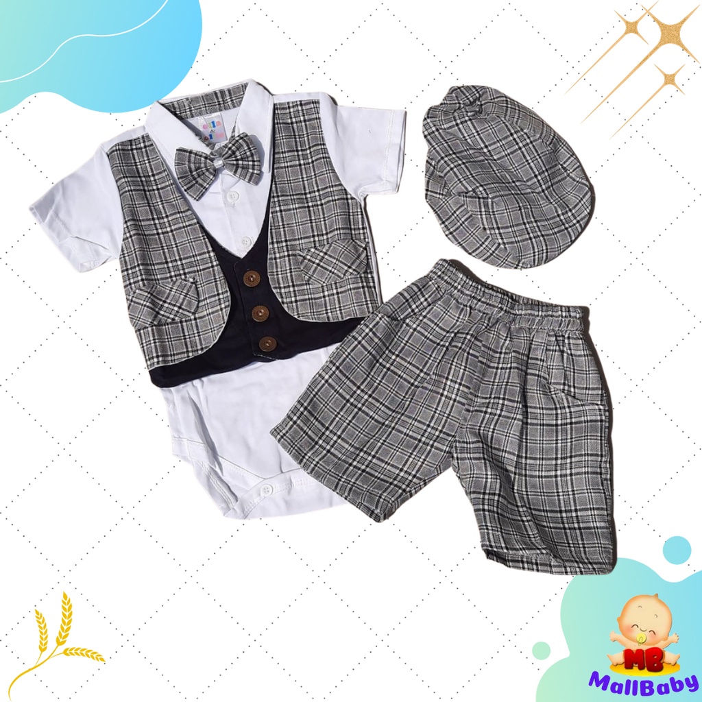 Baju Pesta Bayi Laki Laki Tuxedo Bayi Setelan Jumper Bayi Laki Laki set Dasi Topi Gary