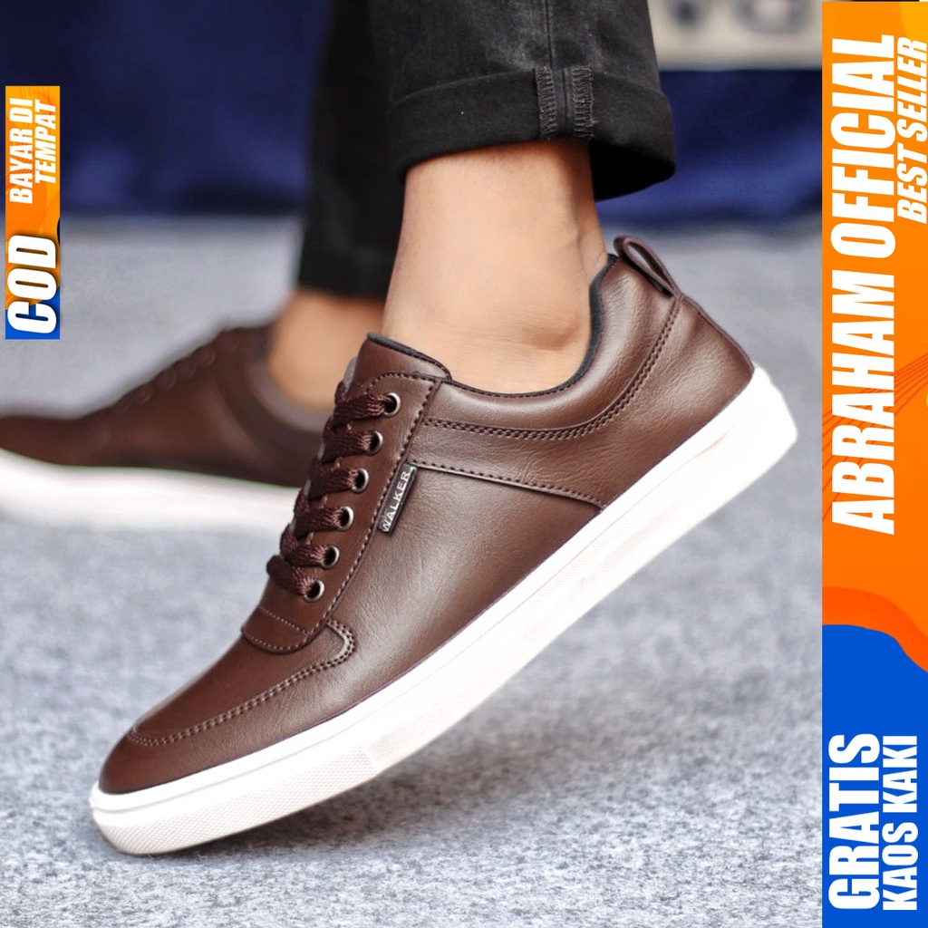 Sepatu Kasual Pria Sneakers Casual Kulit Pu Kerja Polos Hitam Coklat TIAGO ABRAHAM