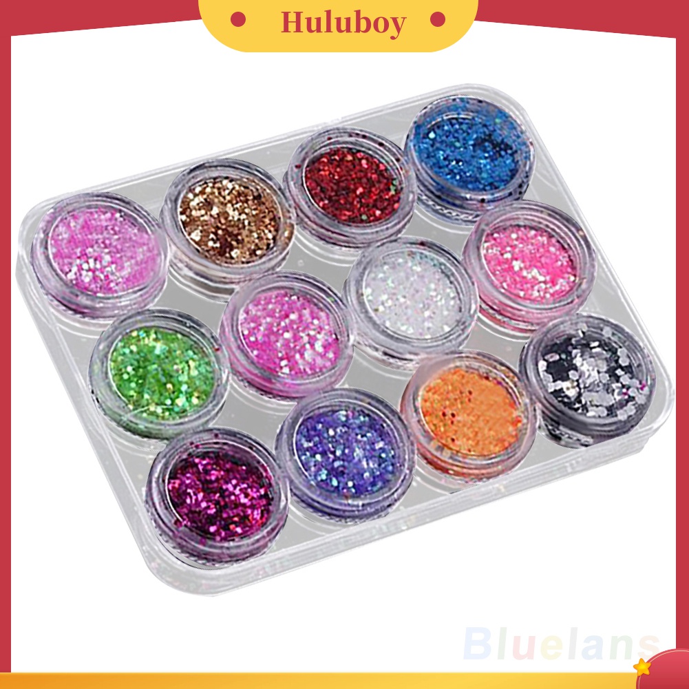 Huluboy Huluboy♡ Set Bubuk Payet Glitter Akrilik UV Gel 12 Warna Untuk Dekorasi Nail Art