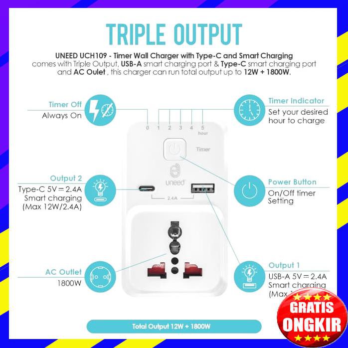 ACC HP UNEED SMART TIMER CHARGER ADAPTOR USB TYPE C FAST CHARGING 2.4A UCH109