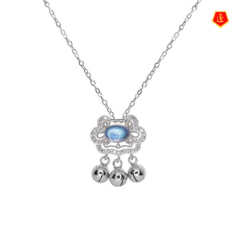 [Ready Stock]925 Silver Lock Wealth Lock Safe Little Bell Shape Pendant Blue Moonstone Necklace