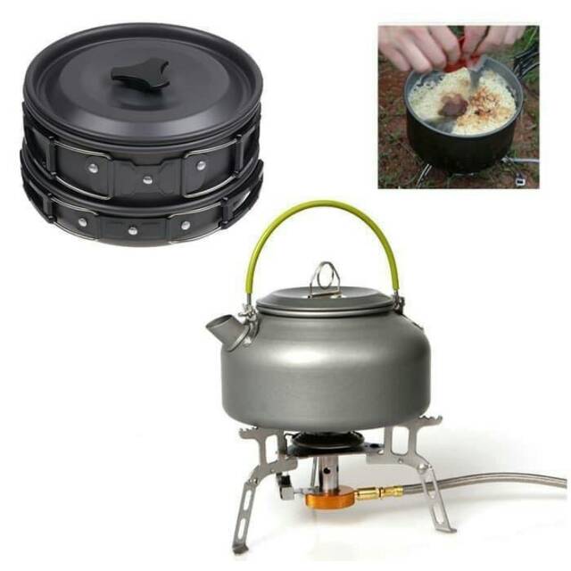 Cooking Set Plus Teko DS-308 Nesting 3-4 Person Camping Outdoor Alat Masak Teko / Ceret Dan Wajan