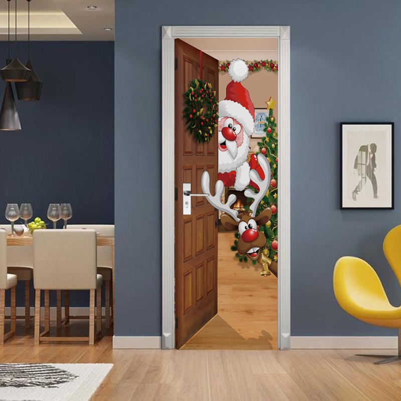 Zzz 2pcs / set Stiker Dinding / Pintu / Kulkas Motif Santa Claus / Rusa Natal 3D Anti Air Untuk Dekorasi