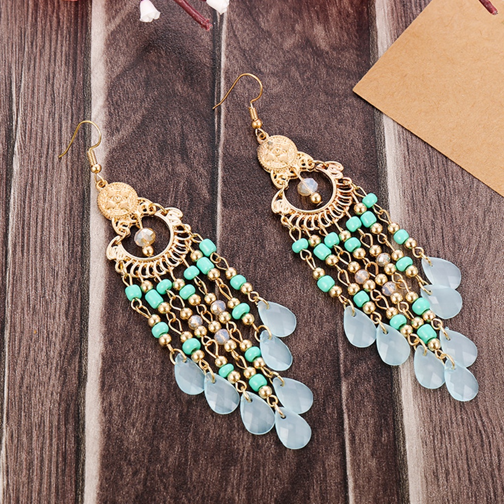 Hu Hu Hu Hu Hu Alat Bantu Pasang Kacamata♡ 1 Pasang Anting Kait Gantung Desain Hollow Hias Manik-Manik + Rumbai Gaya Bohemian Untuk Wanita