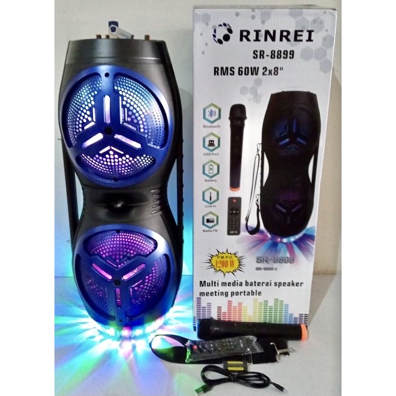 SPEAKER BLUETOOTH CAS PORTABLE BONUS MIC WIRELESS 2x 8inch RINREI SR 8899 AMPLIMEETING