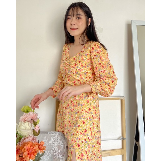 KANON - Yuzuri Floral Dress - Dress midi vintage pantai / musim panas motif bunga