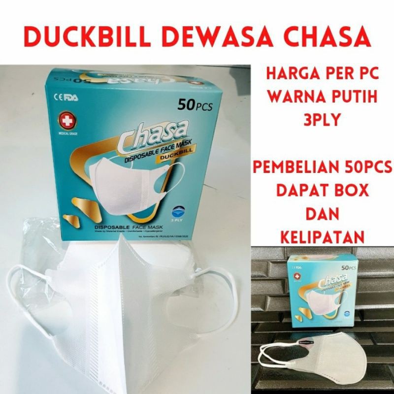 50PCS MASKER DUCKBILL PUTIH 3PLY CHASA IMPORT DISPOSABLE PROTECTIVE FACE MASK EARLOOP SEKALI PAKAI