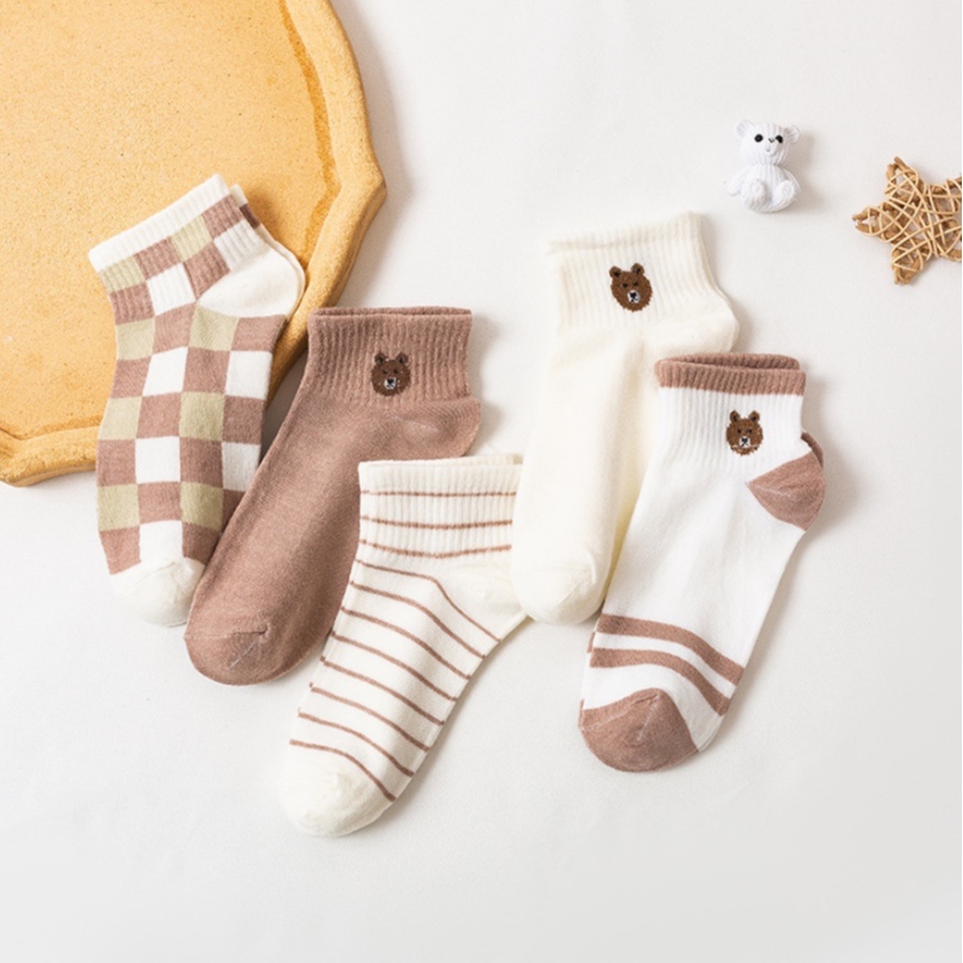 Kaos Kaki Brown Fashion Pendek Semata Kaki / Kaus Kaki Sport Modis Teddy Bear Brown Short Ankle Cute Socks / Kaos Kaki Motif Polos Kotak Garis Sporty-1 set pouch isi 5