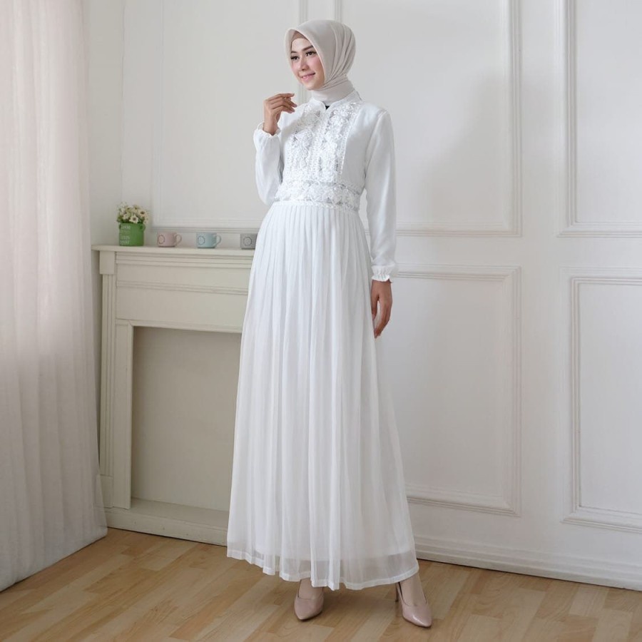 Gamis Putih Wanita Pakaian Muslim Bigsize Remaja Brukat Syari Malaysia Jumbo M-L-XL-XXL-XXXL Termura