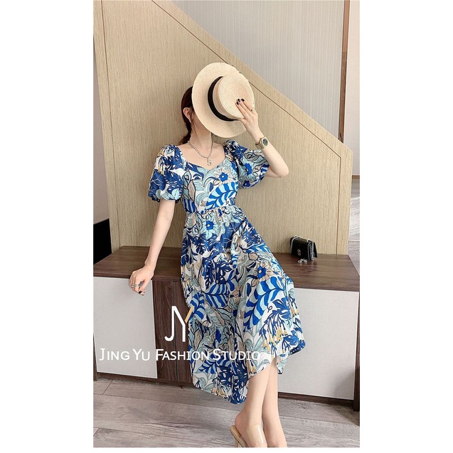 Dress casual import Blue Tropical korea style biru tropis